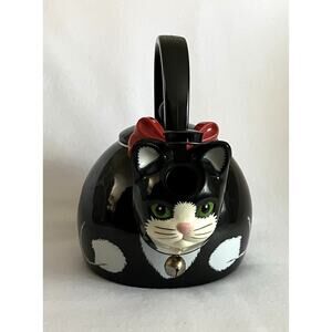 Vtg 1995 Black Cat Feline Metal Novelty Teapot with Lid Plastic Handle 2.5 Qt.